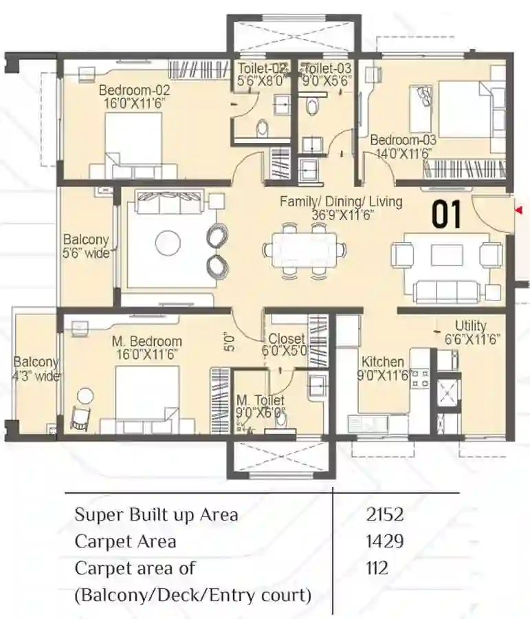 Sattva Lakeridge 3 BHK apartment - 2152 square feet floor plan by Sattva Group located in Neopolis, Kokapet, Hyderabad West