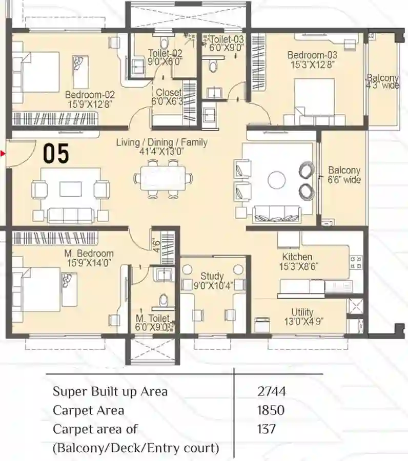 Sattva Lakeridge 3 BHK apartment - 2744 square feet floor plan by Sattva Group located in Neopolis, Kokapet, Hyderabad West