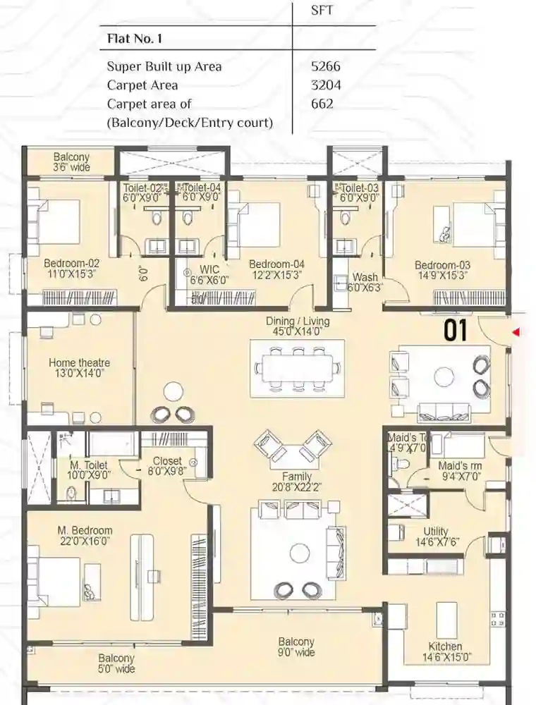 Sattva Lakeridge 5 BHK apartment - 5266 square feet floor plan by Sattva Group located in Neopolis, Kokapet, Hyderabad West